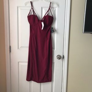 Burgundy bodycon dress.